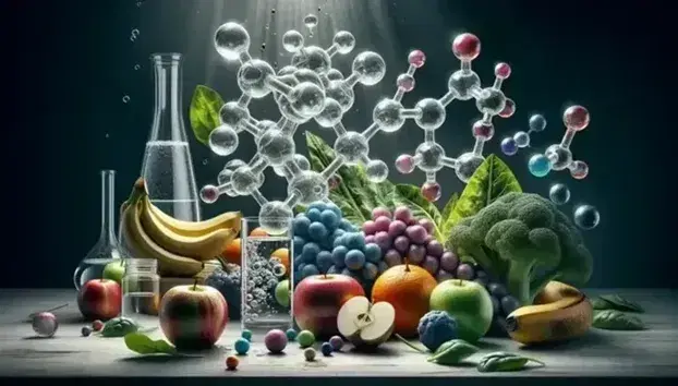 Variedad de frutas y verduras frescas con estructura molecular de azúcar en el centro, rodeada de manzana roja, naranja, uvas, banana, espinacas y brócoli, junto a botella y vaso con agua en fondo iluminado naturalmente.
