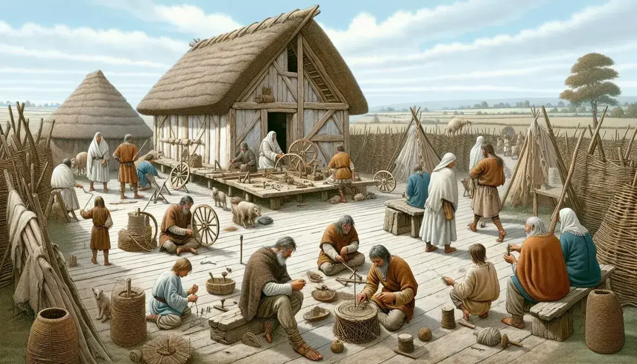 Scena quotidiana in un villaggio europeo del V secolo con abitanti in abiti semplici intenti in attività come lavorazione del legno e filatura della lana.