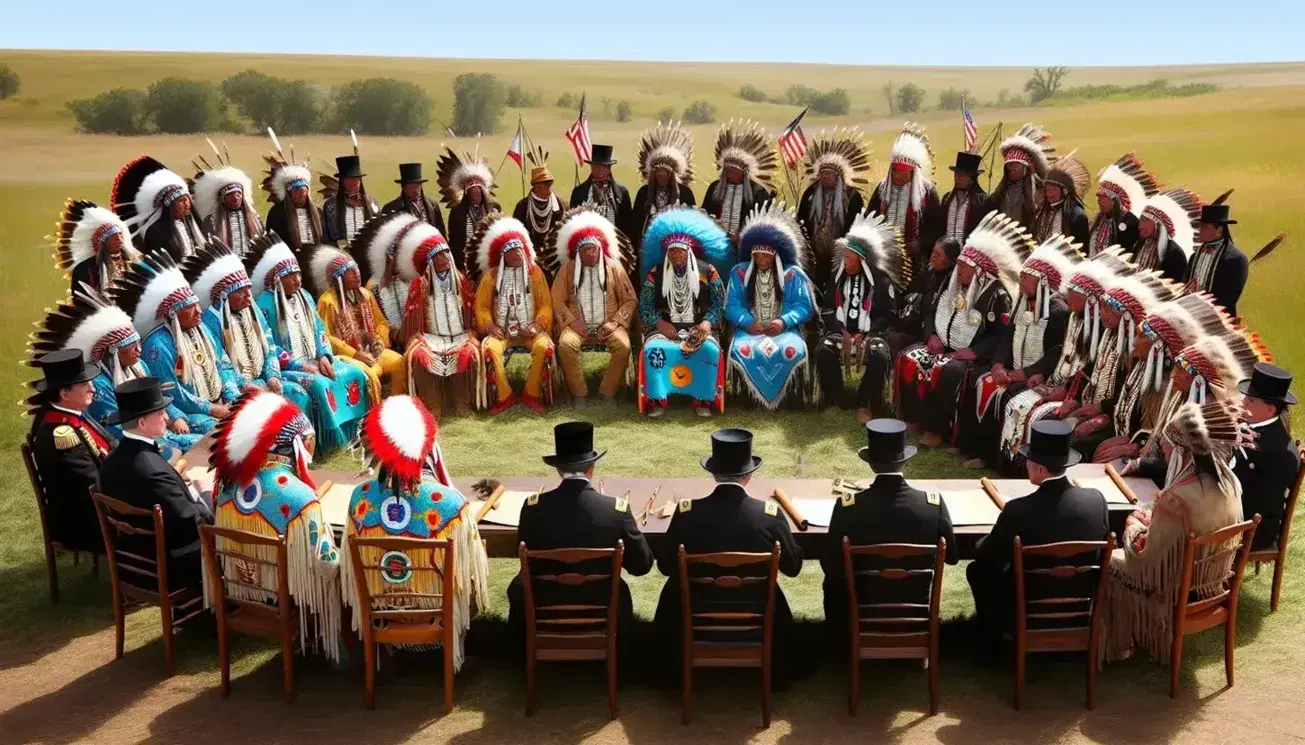 Native American leaders in traditional regalia negotiate treaty with 19th-century U.S. officials, seated outdoors under a clear sky.