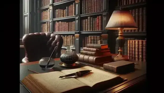 Biblioteca antica con scrivania in legno scuro, penna stilografica nera, calamaio con inchiostro blu, libro aperto e scaffali colmi di libri.