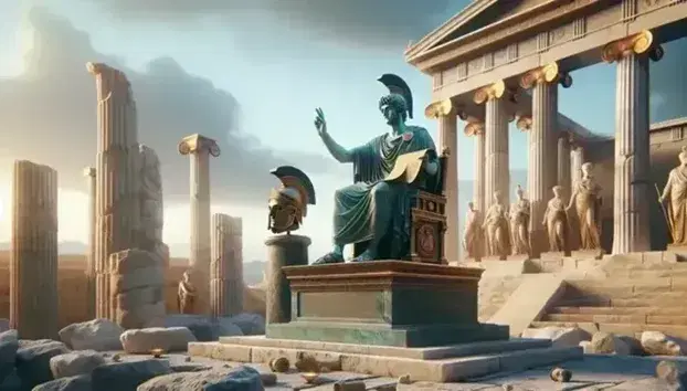 Statua in bronzo di Solone con pergamena su piedistallo in pietra nell'antica Agorà ateniese, colonne marmoree e elmo corinzio sotto cielo azzurro.