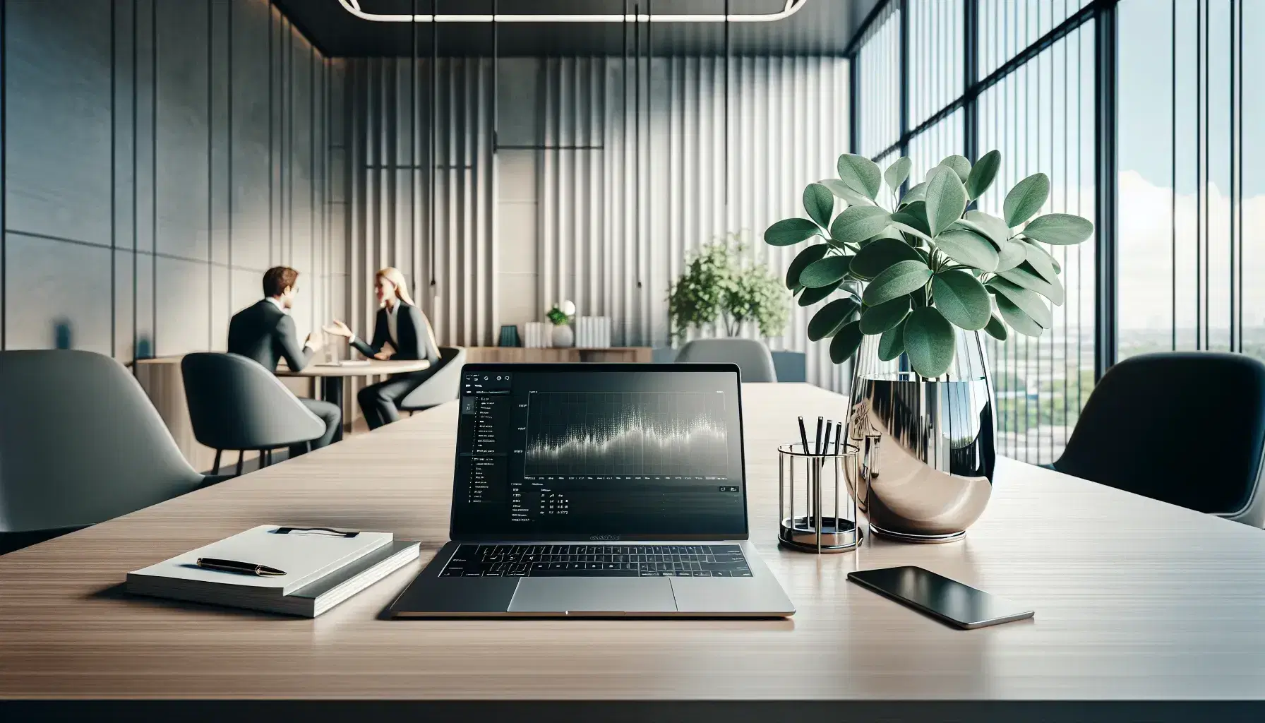 Modern office setting with a wooden desk featuring a silver laptop, stack of papers, and black calculator, with a potted plant and two people conversing in the background.