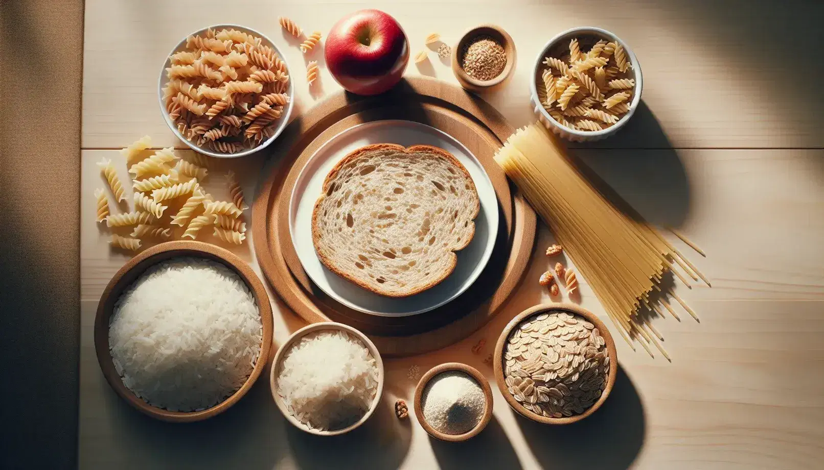 Variedad de alimentos ricos en carbohidratos con tostada integral, arroz blanco, manzana roja, pasta en espiral y avena cruda sobre superficie de madera clara.