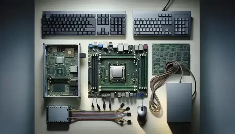 Vista aérea de una mesa de trabajo con una placa base de computadora, procesador metálico, teclado, ratón óptico, tarjeta de expansión y fuente de poder, conectados por cables de colores.