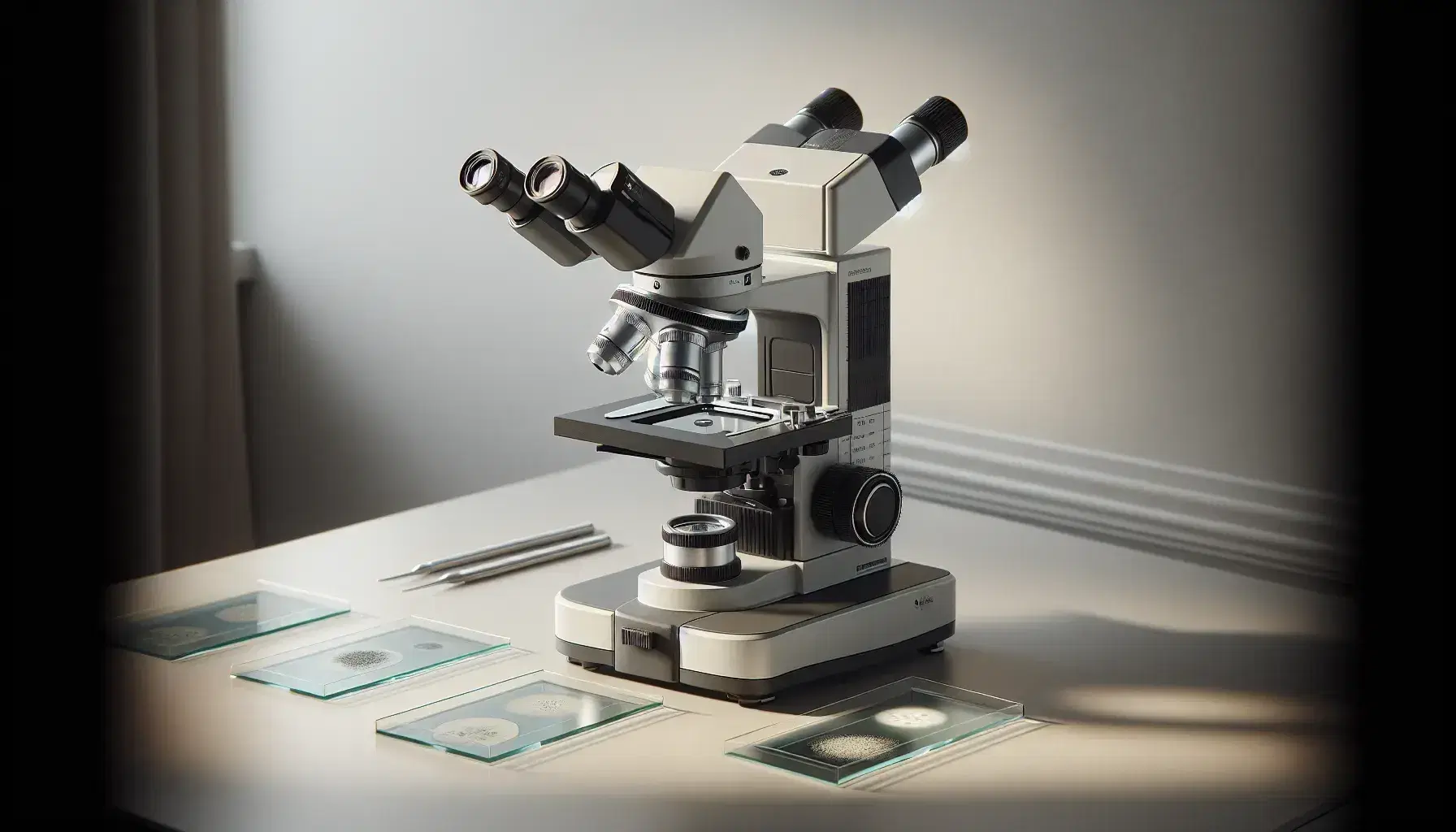 Microscopio óptico de laboratorio plateado y negro sobre mesa clara con portaobjetos de vidrio y tejidos teñidos al lado, en entorno de laboratorio iluminado.