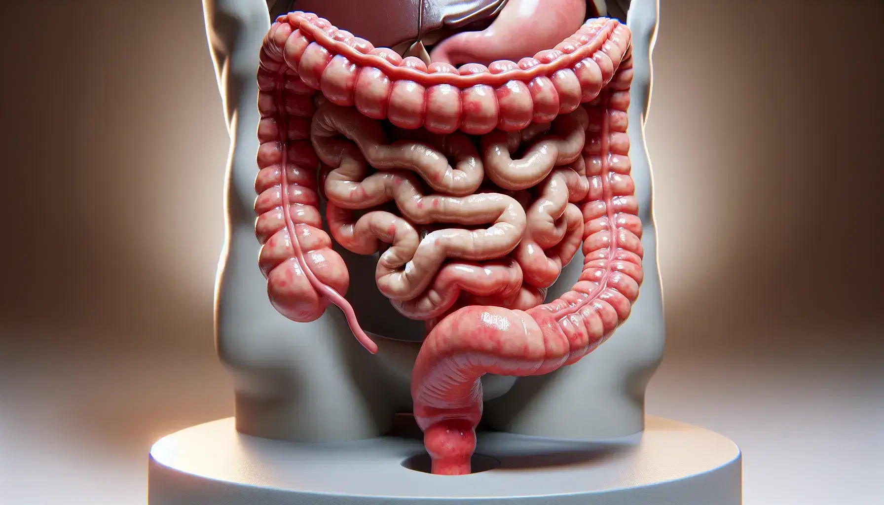Modelo anatómico tridimensional detallado del intestino grueso humano mostrando ciego, colon ascendente, transverso, descendente, sigmoide, apéndice y recto.
