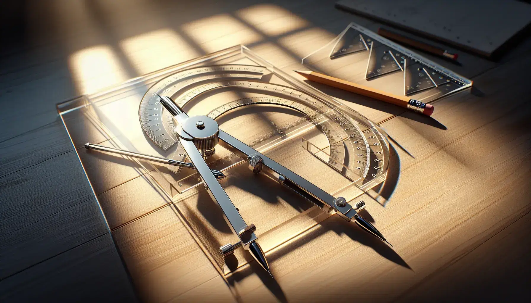 Set di strumenti geometrici su superficie in legno chiaro, con compasso metallico, squadra trasparente, goniometro e matita affilata.