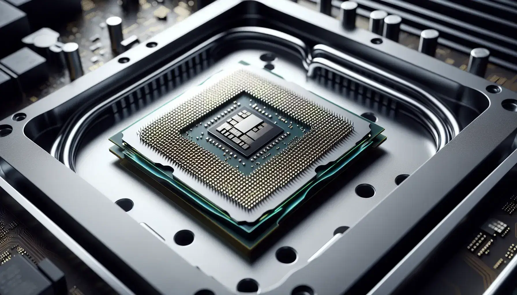 Primer plano de un CPU moderno sin disipador de calor, mostrando un cuadrado de silicio gris plateado, carcasa verde oscuro, pines dorados y parte de un sistema de enfriamiento con bloque de aluminio y ventilador negro.