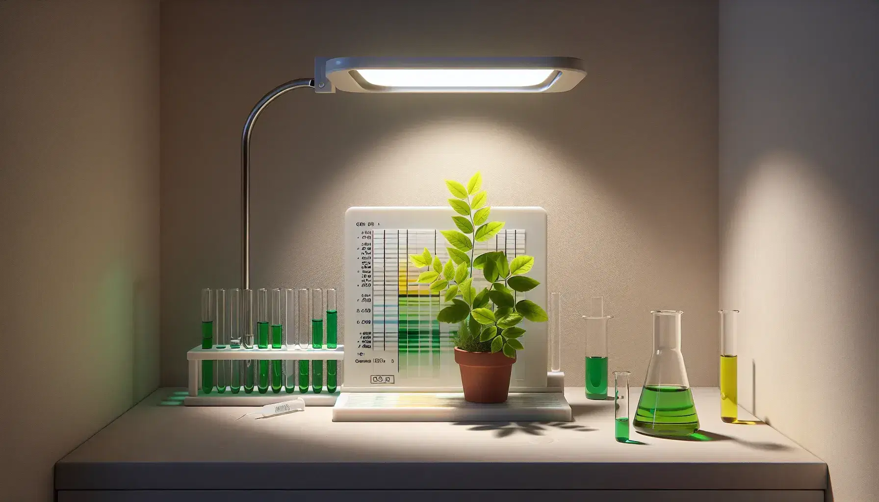 TLC plate with colored bands indicating pigment separation, adjacent to a healthy potted plant under a grow light, and glass vials with green liquids.