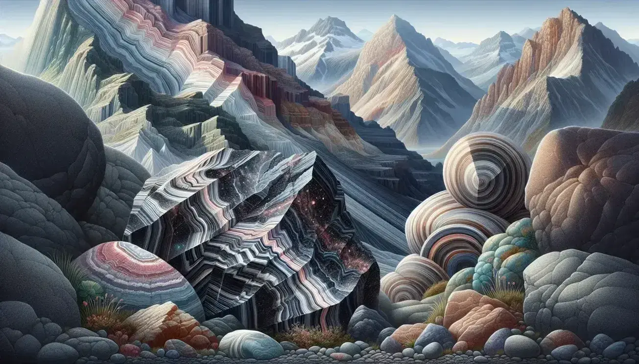 Rocce ignee lucide, sedimentarie stratificate e metamorfiche ondulate in paesaggio montano con ruscello e cielo azzurro.