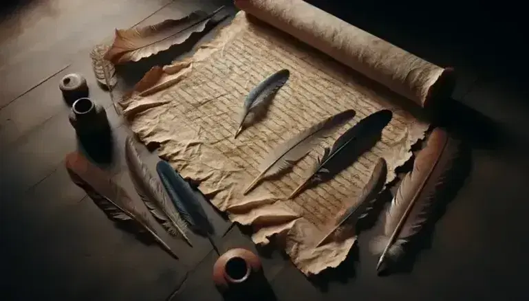 Pergamino antiguo sin escritura visible sobre mesa de madera oscura, rodeado de plumas de ave y tintero de cerámica terracota.