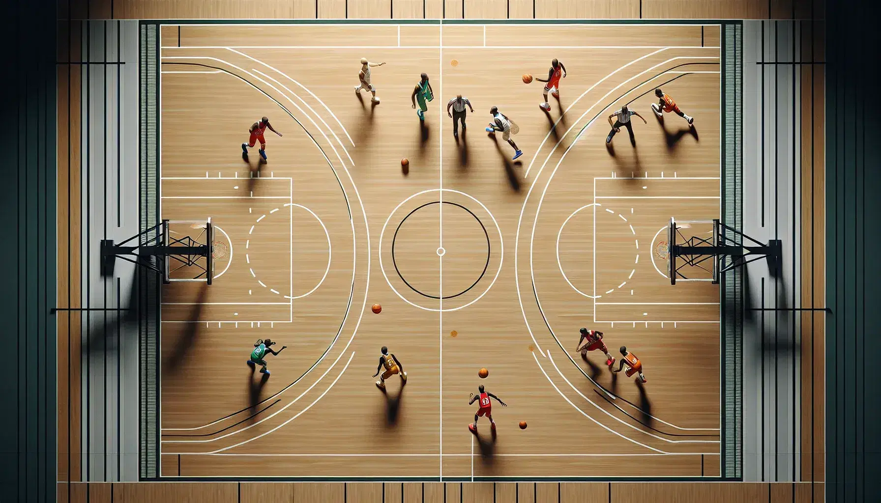 Cancha de baloncesto de madera pulida con líneas blancas, jugadores en uniformes coloridos en pleno juego y aros con tableros transparentes.