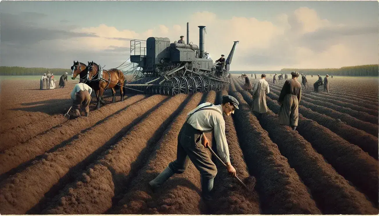 Contadini russi anni '20 lavorano in campo agricolo con aratro trainato da cavallo e macchinari industriali d'epoca sotto cielo sereno.