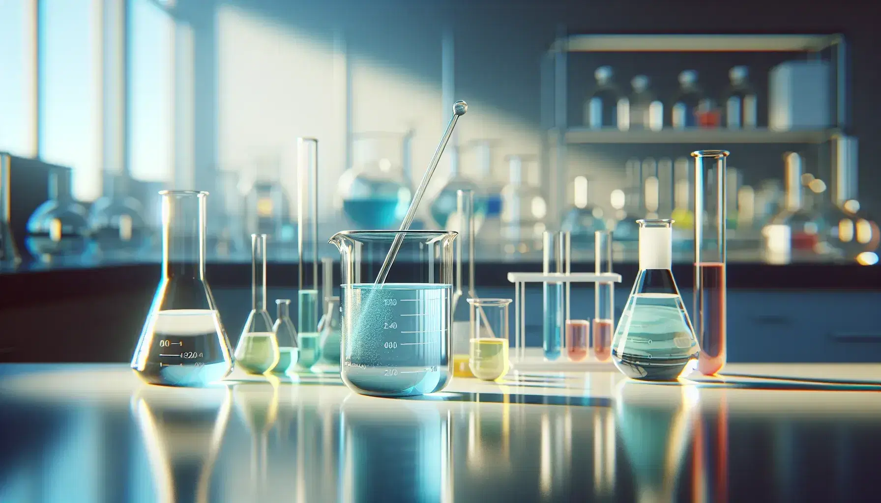 Laboratory with beaker of blue liquid, pipette with red liquid and various glassware with colored liquids on reflective bench.