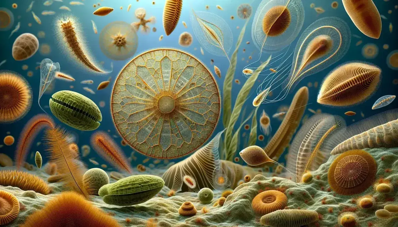 Microscopic view of Chromalveolata organisms, featuring a central diatom, surrounding dinoflagellates, a greenish paramecium, and a brown algae frond.