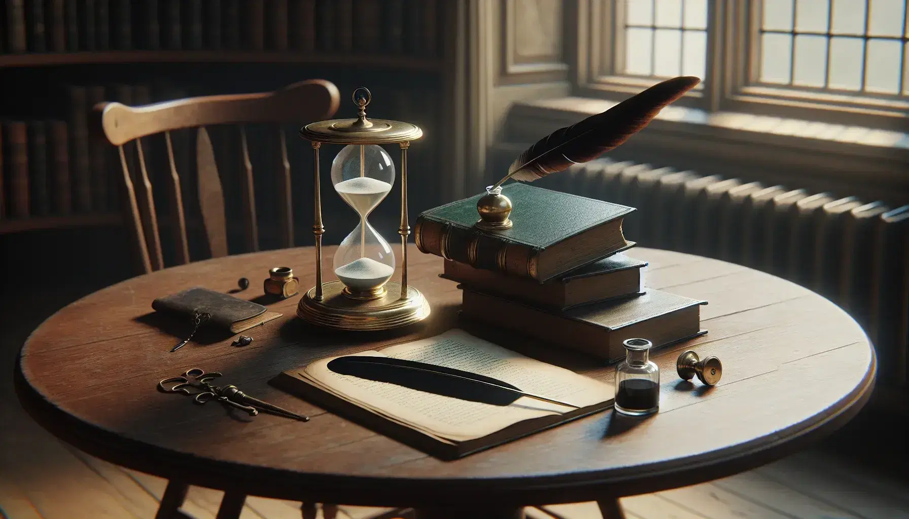 Round wooden table with vintage brass hourglass, quill pen next to silver inkwell, open leather book, green bottle and plant.