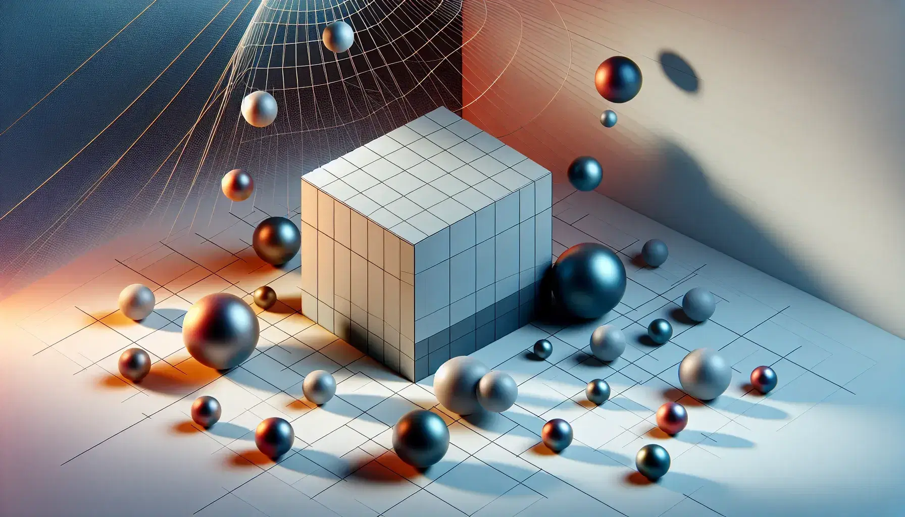 Composición artística con cubo tridimensional gris, esferas reflectantes y cono rojo inclinado sobre fondo degradado y textura entrecruzada.