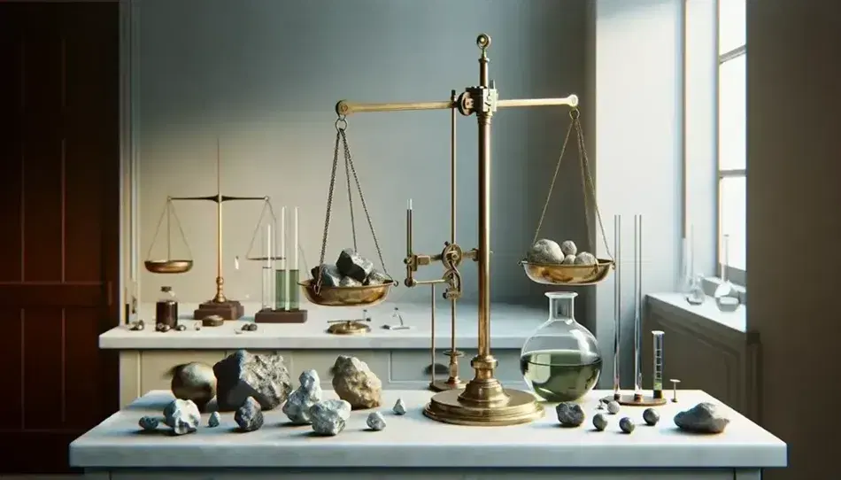 Polished brass equal arm balance with metal weights and irregular rocks, beaker and flask with liquids and lit Bunsen burner in laboratory.