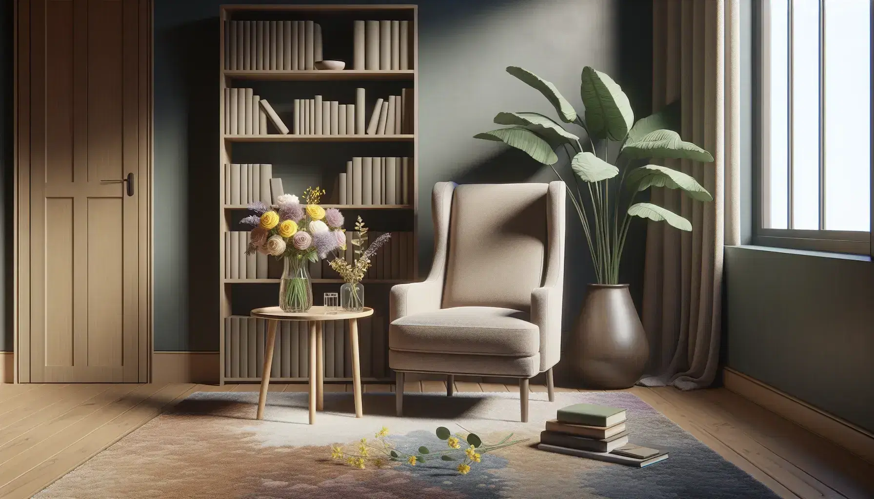 Cozy therapeutic office with comfortable armchair, coffee table with vase of fresh flowers and wooden bookcase, illuminated by natural light.