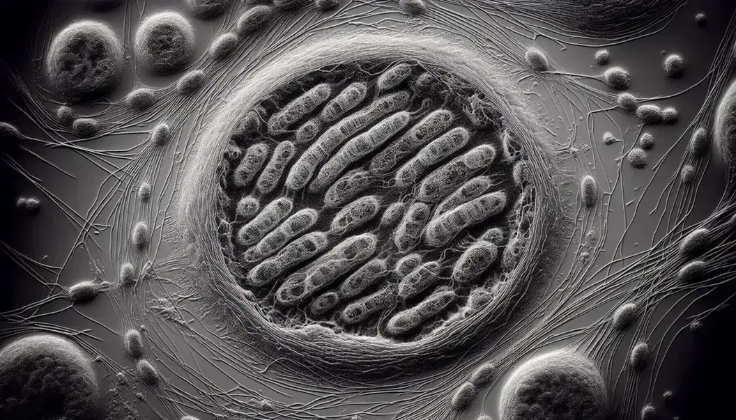 Micrografía electrónica de alta resolución de una célula en mitosis, con cromosomas condensados alineados y huso mitótico visible.