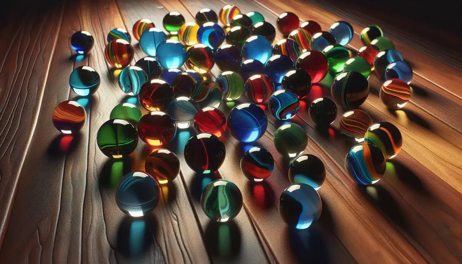 Colored glass marbles scattered on dark wooden surface, with transparent shades and bright reflections, variable shadows.