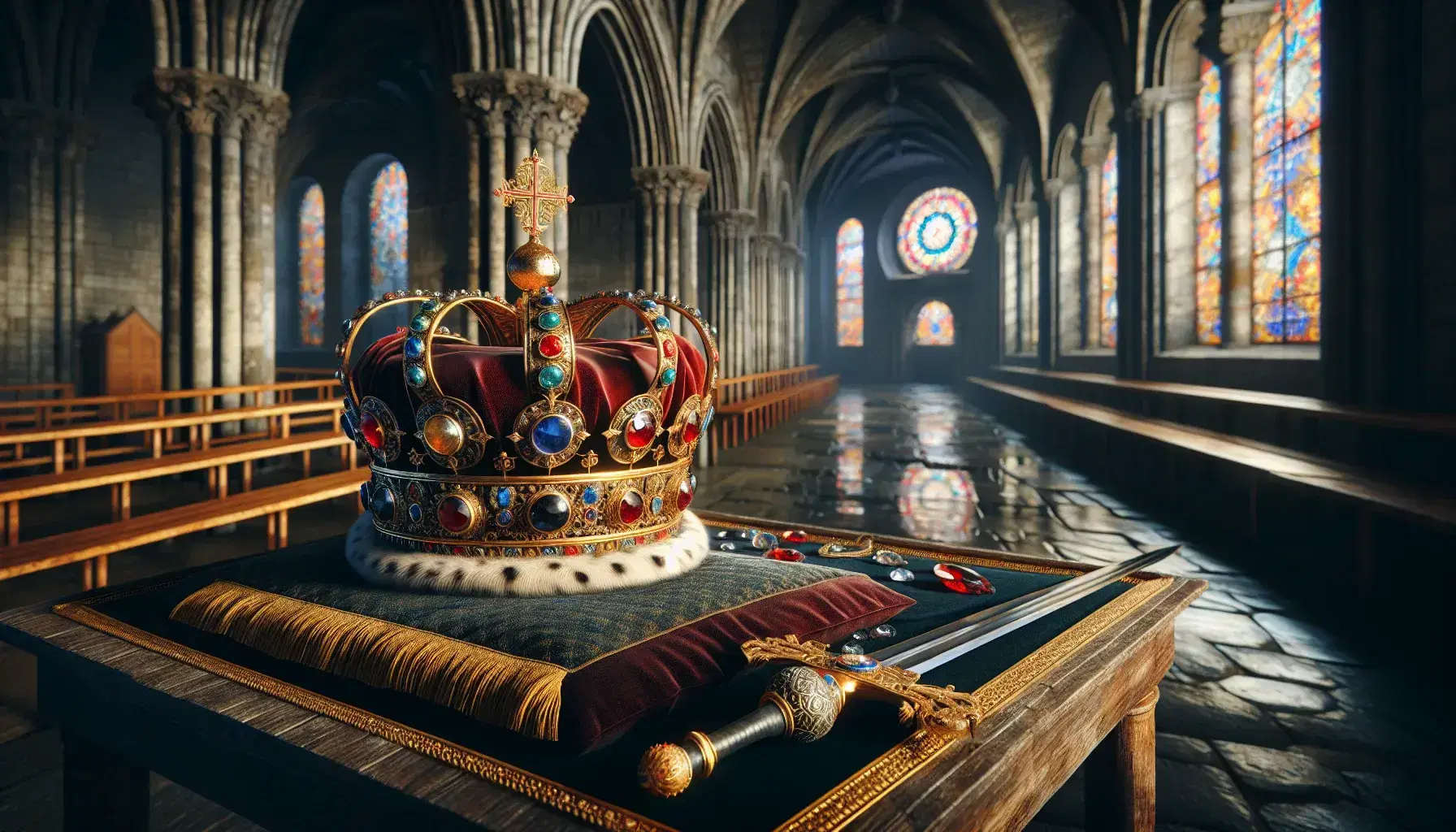 Corona imperiale dorata con gemme su cuscino di velluto, spada decorata, globus cruciger e pergamena su tavolo antico, cattedrale romanica sullo sfondo.