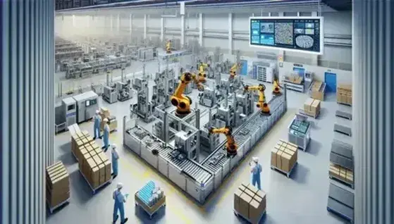 Vista aérea de planta de manufactura con máquinas industriales y brazos robóticos manipulando materiales, trabajadores supervisando datos en pantalla táctil y estanterías con cajas al fondo.