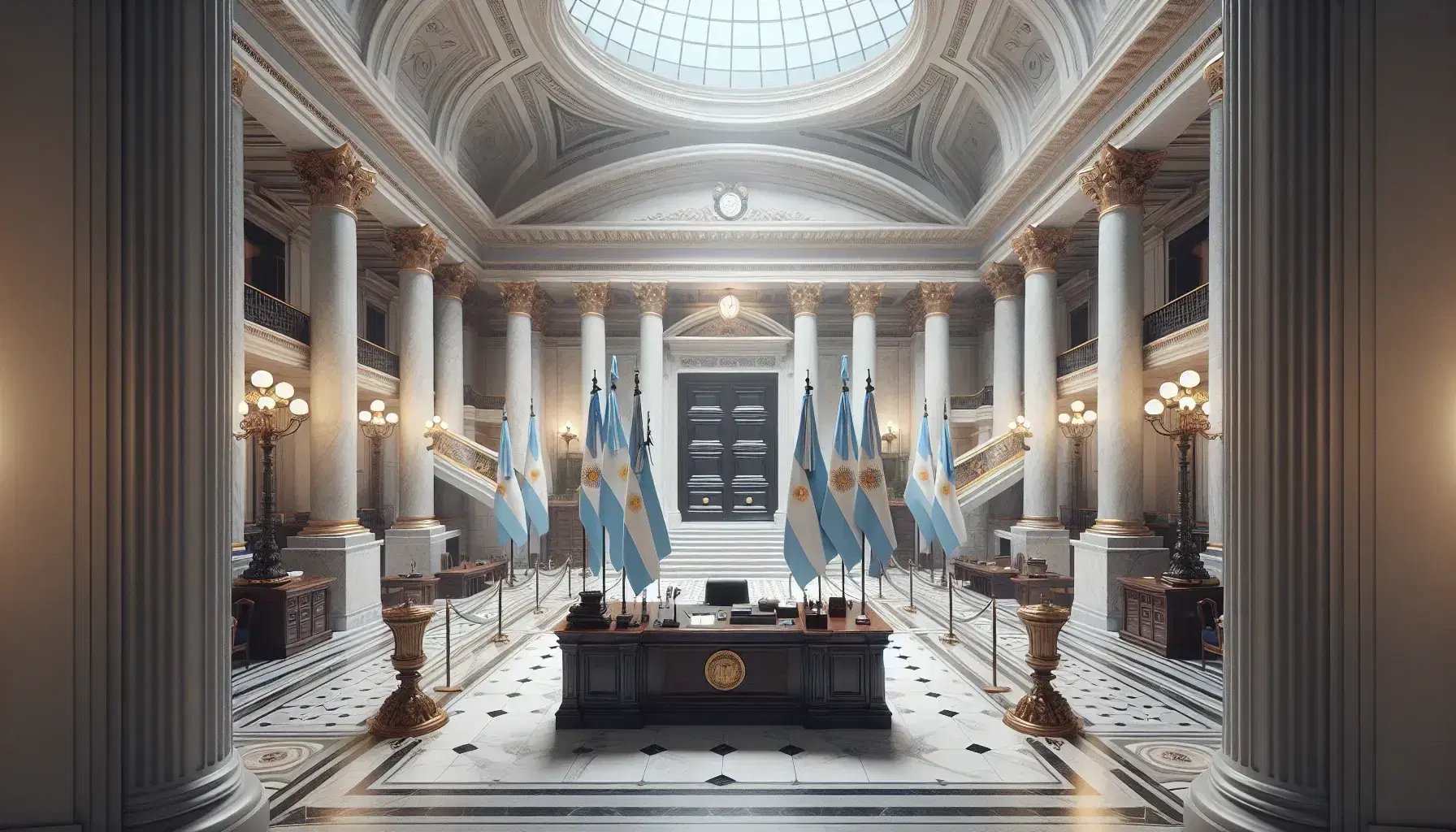 Sala neoclásica de edificio gubernamental con columnas de mármol, escalera, banderas argentinas, escritorio de madera y sillas de cuero rojo.
