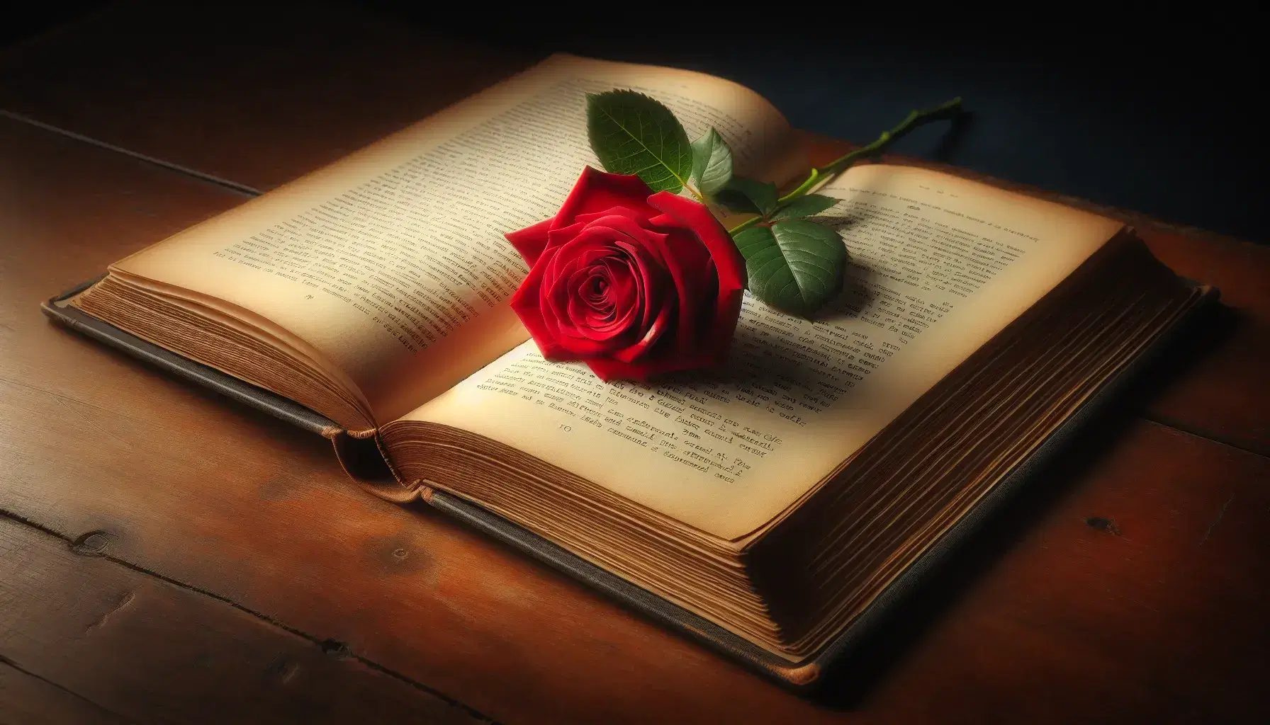 Close-up view of an aged open book with curled pages and a vibrant red rose lying across it on a dark wooden table, under warm lighting.