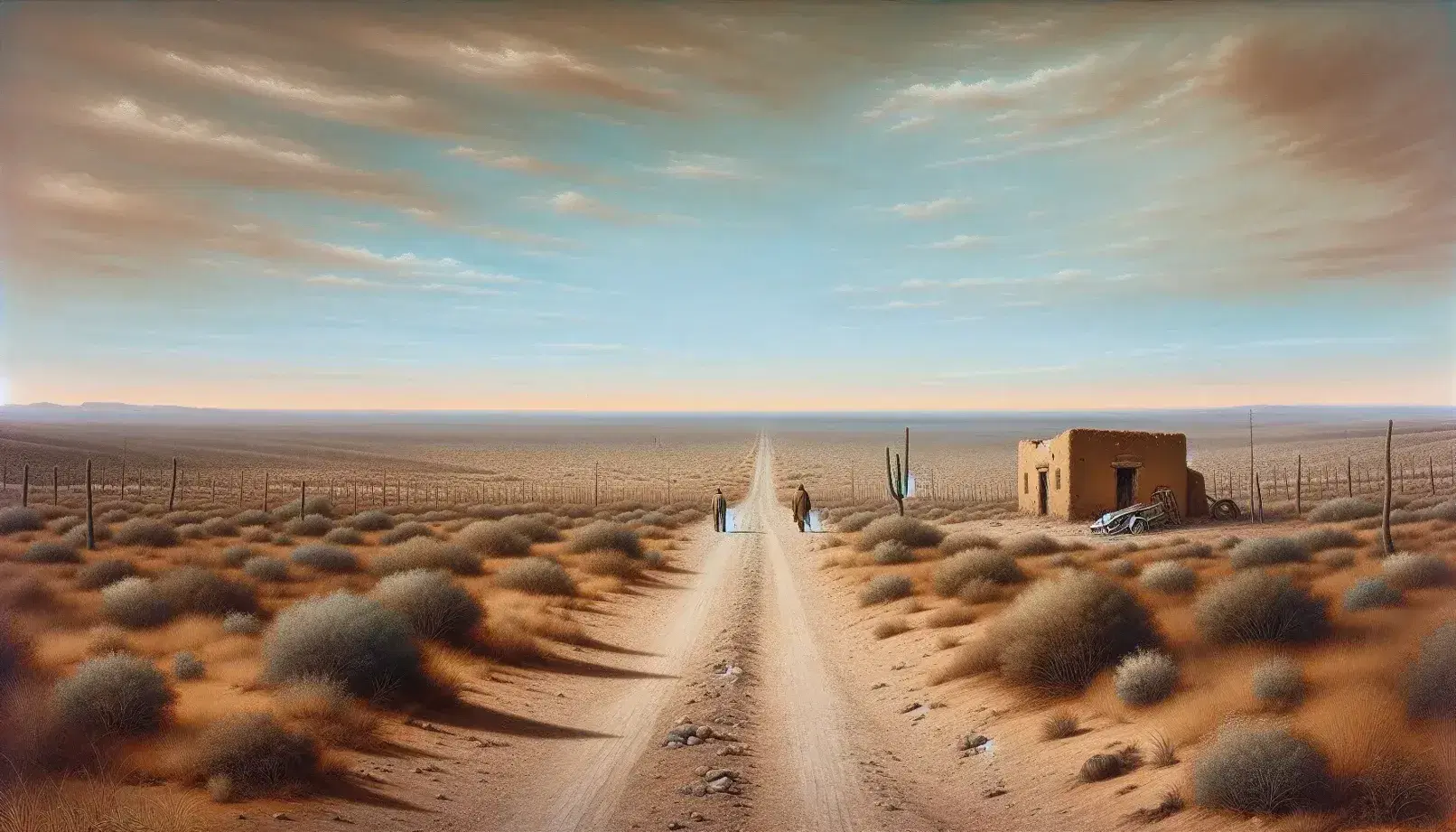 Paisaje árido con camino de tierra, vegetación escasa, cielo azul despejado y estructura abandonada, evocando la obra de Juan Rulfo.