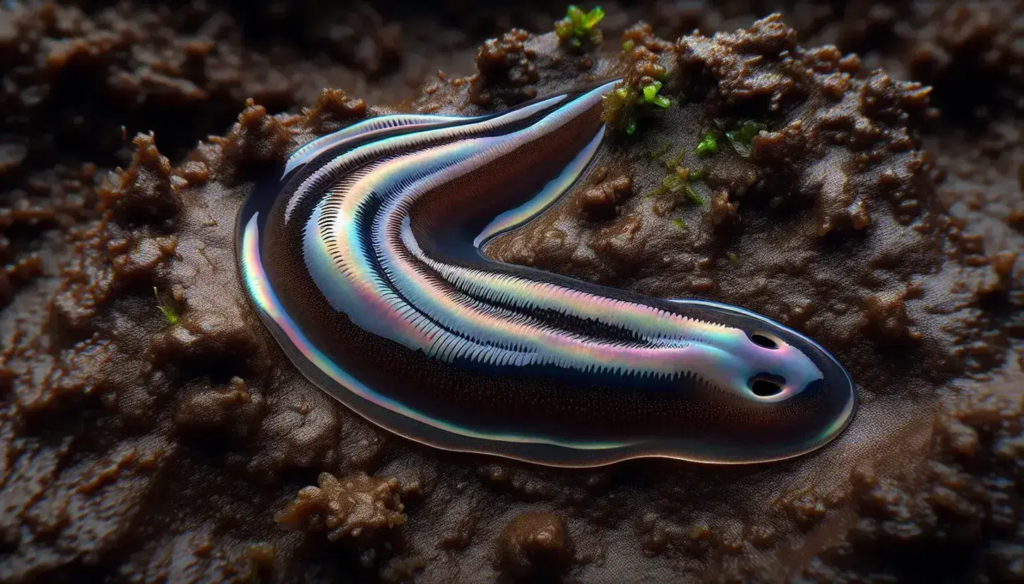 Close-up of a planarian flatworm on moist soil, with iridescent edges and visible internal branching gut, surrounded by green moss and plant debris.