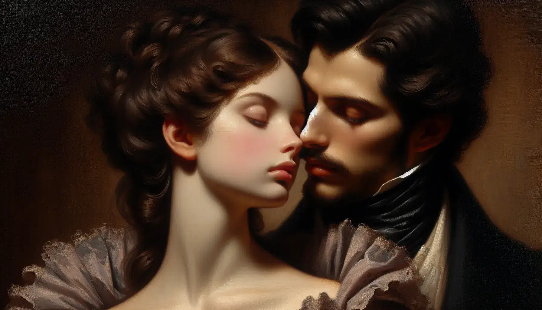 Uomo e donna in abiti d'epoca condividono un momento intimo, lui con barba e capelli scuri, lei con capelli eleganti e occhi chiusi, in un dipinto romantico.