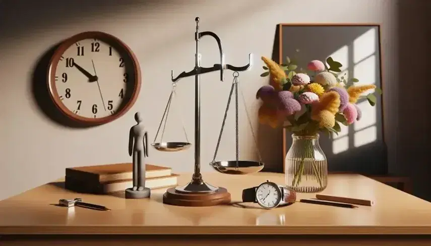 Scrivania scolastica in legno con bilancia della giustizia, orologio analogico, figura umana stilizzata e vaso di fiori multicolori.