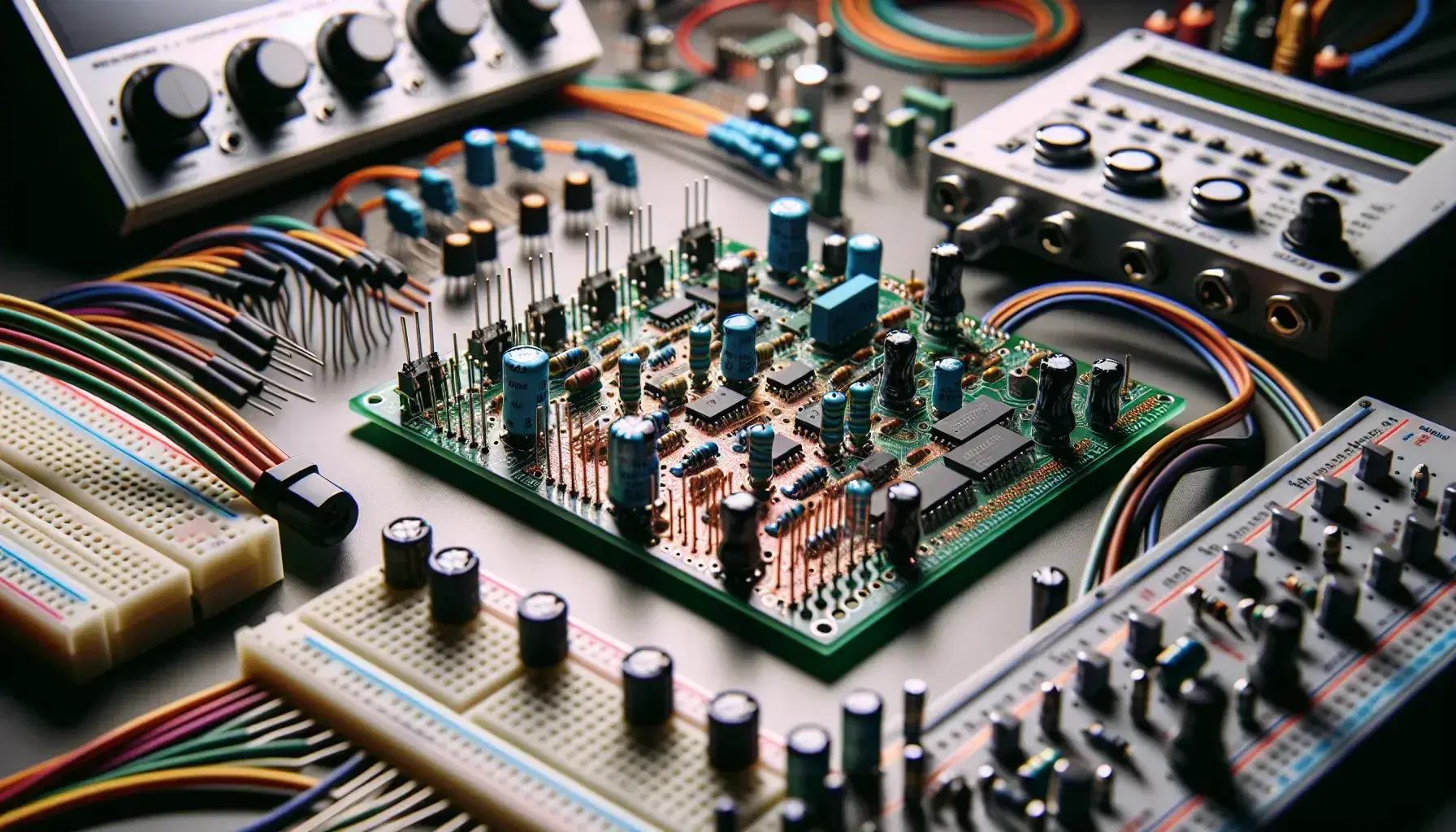 Scheda di sviluppo elettronica verde con resistenze blu, condensatori e chip neri su workstation con cavi colorati e breadboard sfocata.
