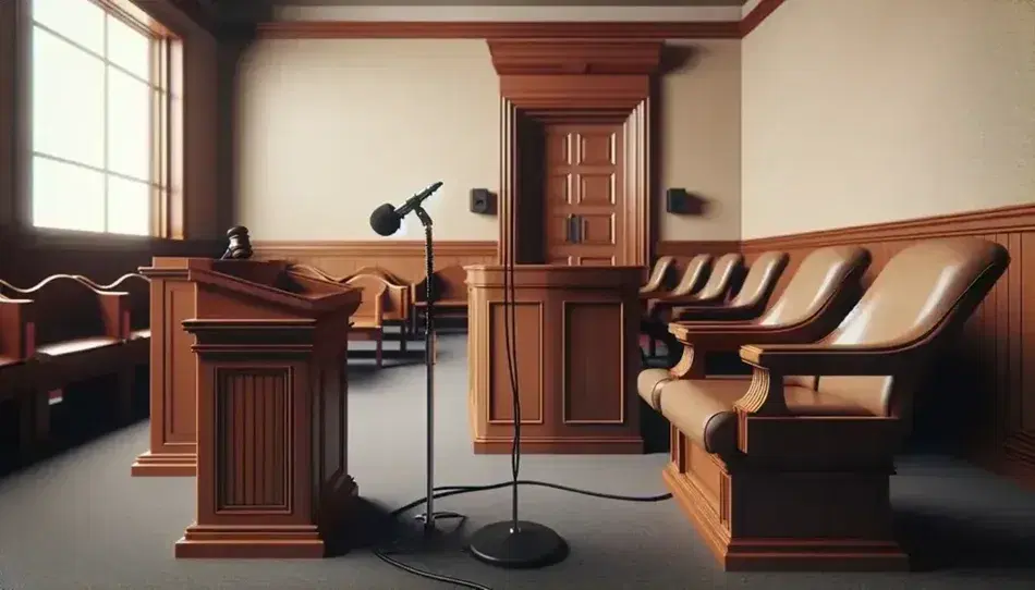Empty courtroom with wooden judge's desk, high chair, witness stand with microphone and benches for audience on blue carpet.