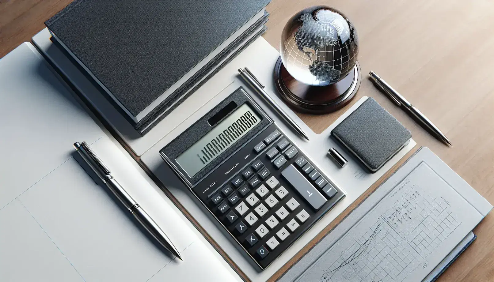 Organized office desk with modern calculator, crystal globe on wooden stand, stack of hardcover books, silver pen on blank paper, and black-rimmed glasses.