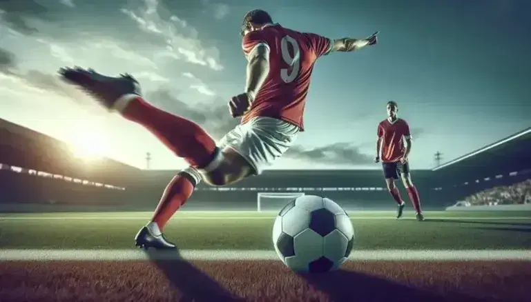 Jugador de fútbol en camiseta roja ejecutando un potente disparo en el aire hacia un balón en movimiento, con otro jugador en azul al fondo en un campo de juego verde.
