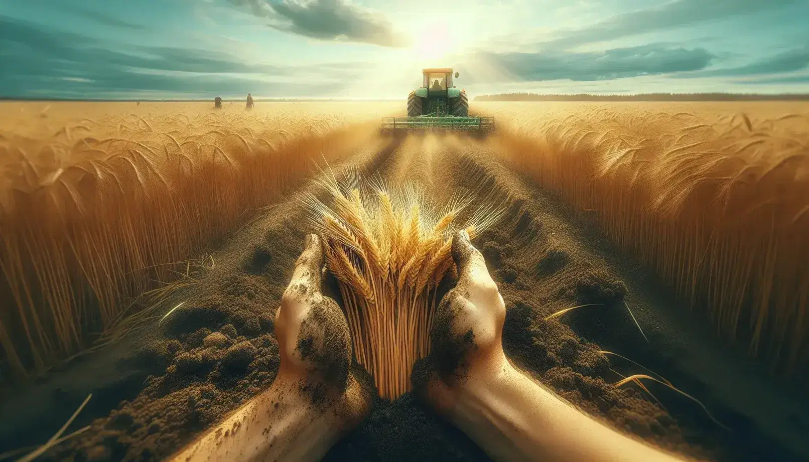 Mani sporche di terra raccolgono spighe dorate di grano in un campo lettone, con un trattore verde e mucche al pascolo sullo sfondo.