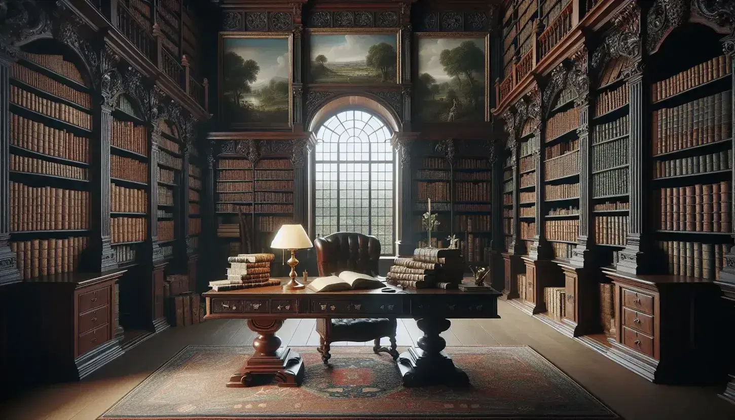 Biblioteca antica con scaffali in legno scuro e libri rilegati, scrivania con volumi aperti, lampada in ottone, finestra ad arco e tappeto persiano.