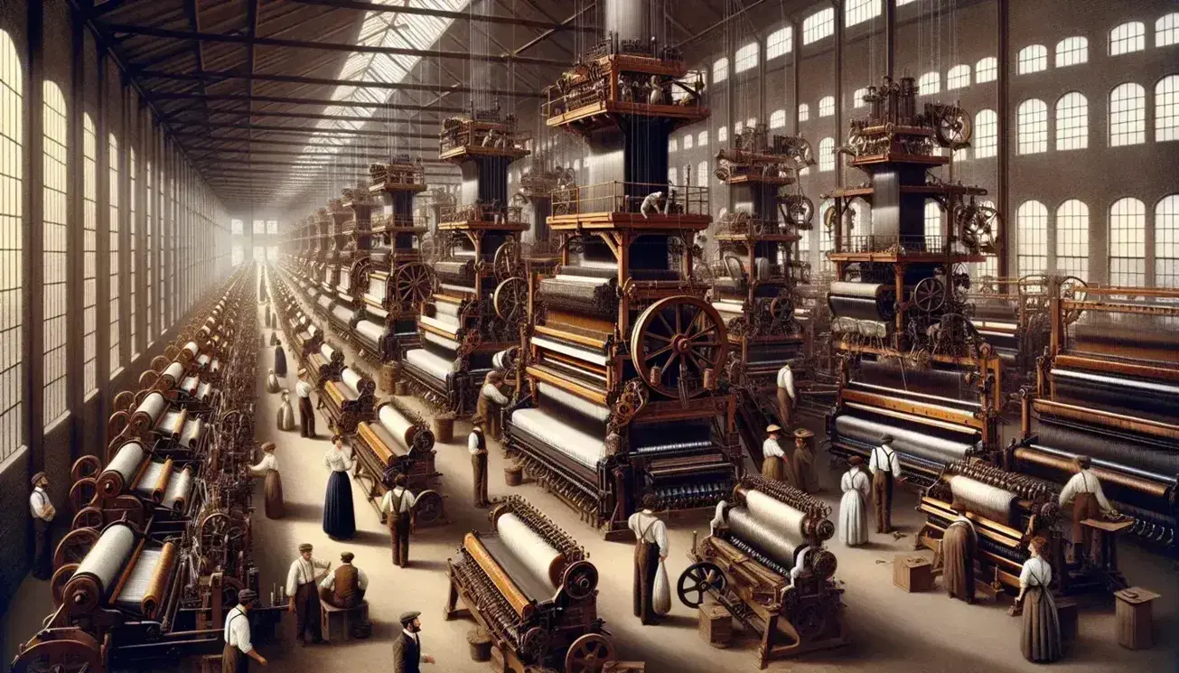 Escena de una fábrica textil de la Revolución Industrial con maquinaria de tejido en funcionamiento, trabajadores atendiendo los equipos y luz natural filtrándose por ventanas altas.