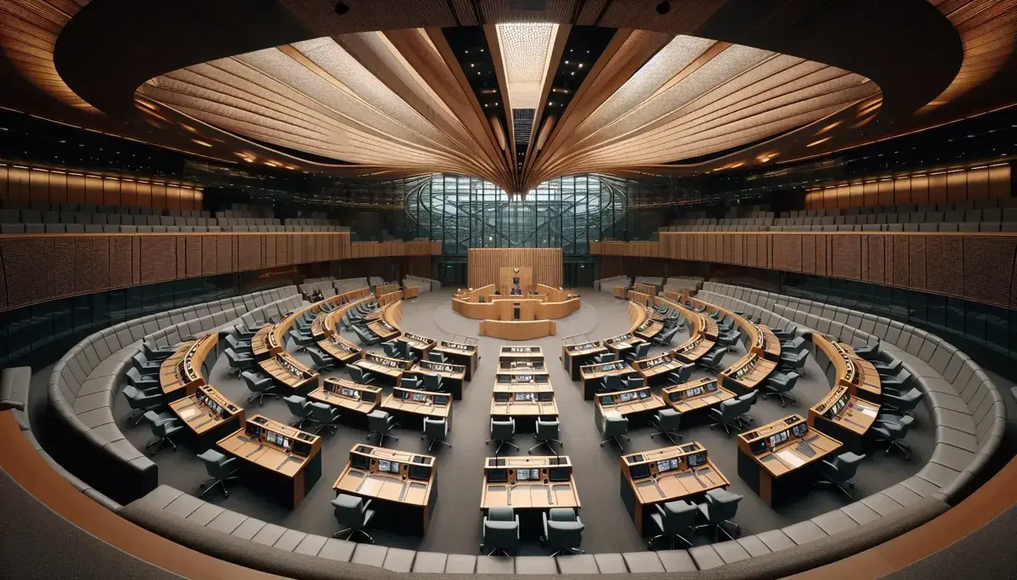 Modern legislative chamber with semi-circular desks, elevated speaker's podium, wooden ceiling panels, skylights, and glass walls in a metropolitan setting.