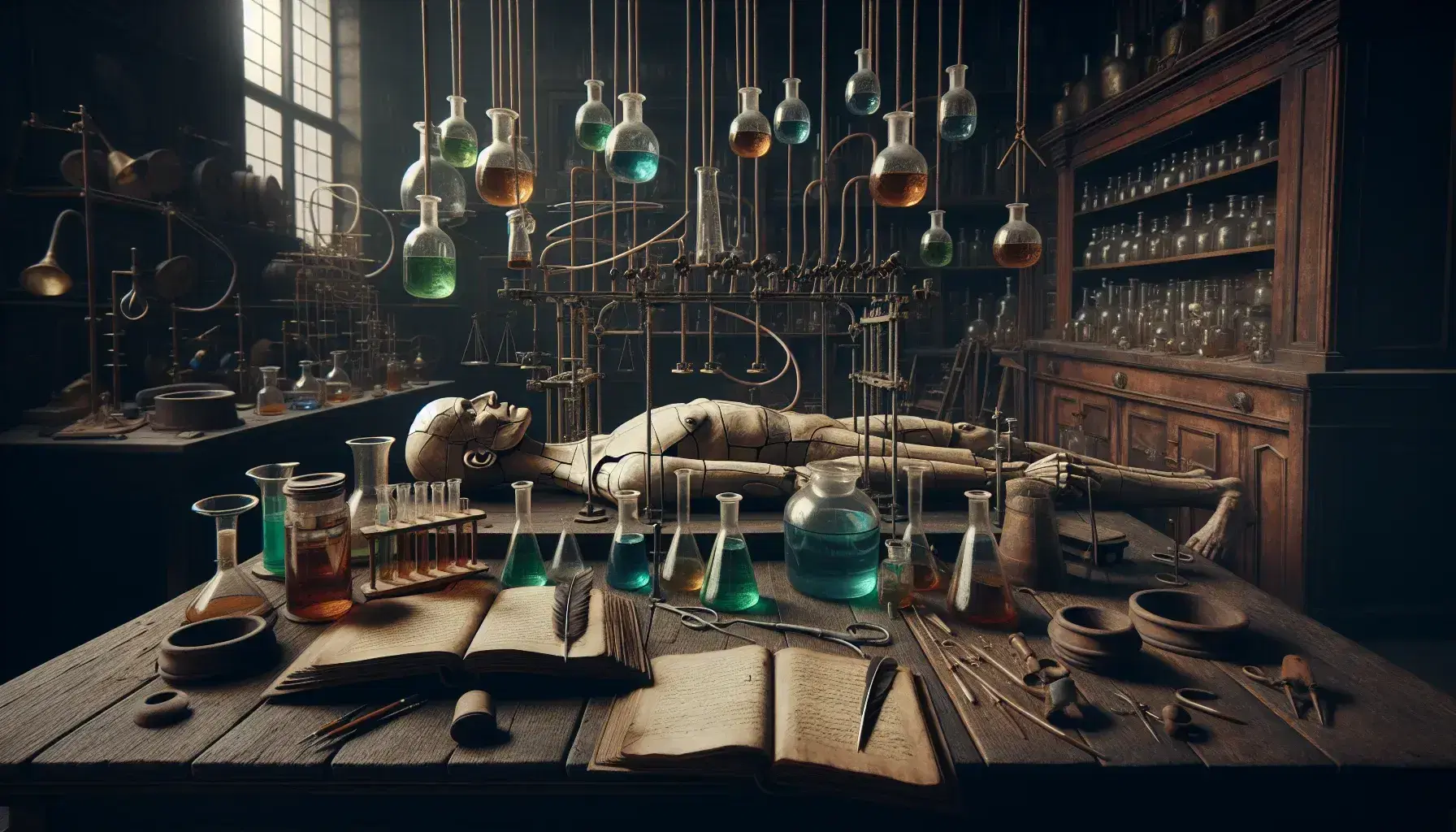19th-century laboratory with rustic table, complex glassware setup, patchwork human figure on table, and antique scientific instruments.