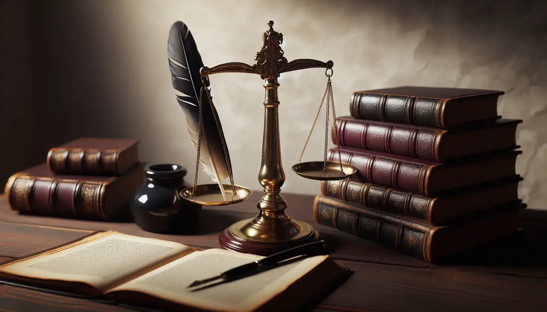 Balanza de justicia de bronce en equilibrio sobre escritorio oscuro, rodeada de libros encuadernados en cuero y pluma sobre tintero negro.