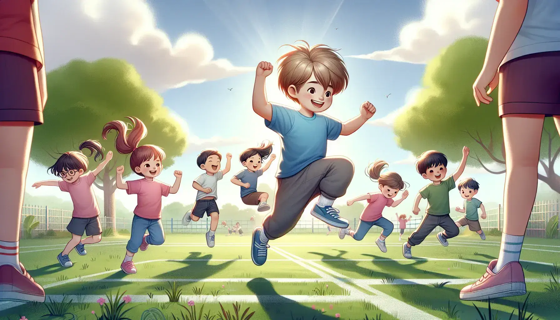 Niños de diversas etnias participando en clase de educación física al aire libre, saltando y corriendo en un campo de césped bajo un cielo azul.