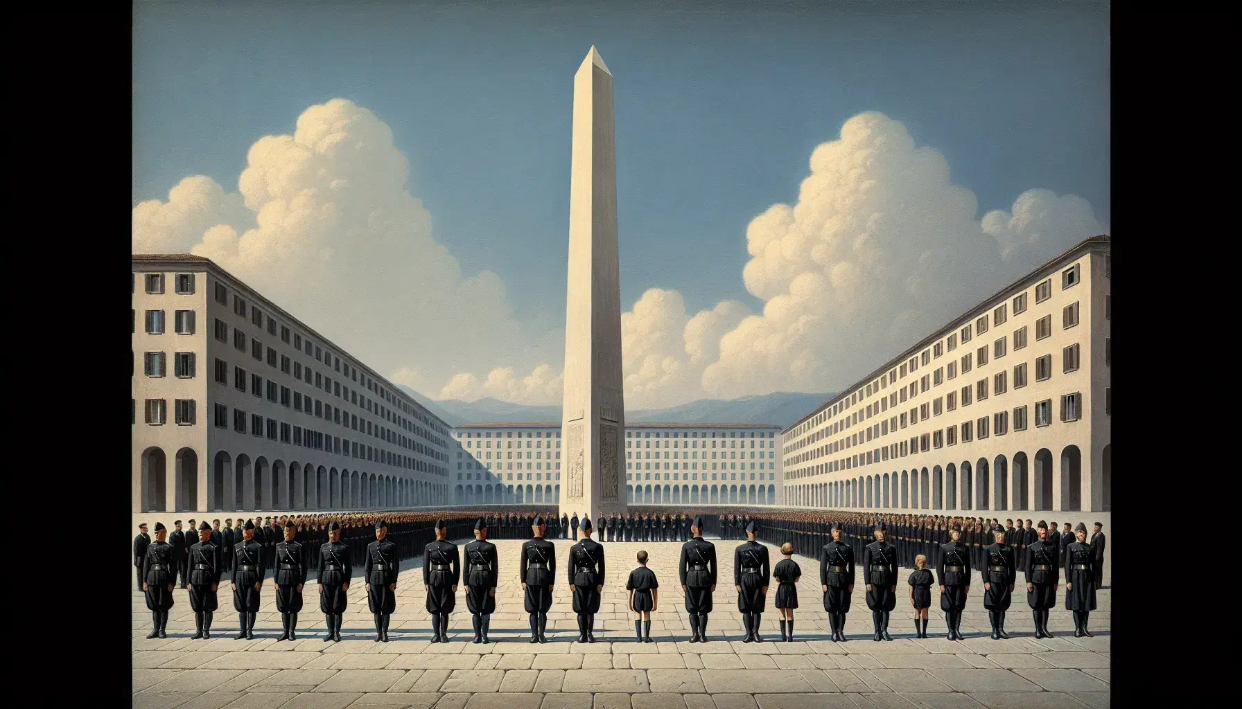 Piazza italiana anni '20/'30 con obelisco in marmo, camicie nere in formazione militare, bambini in divisa Balilla e donne in abiti d'epoca.