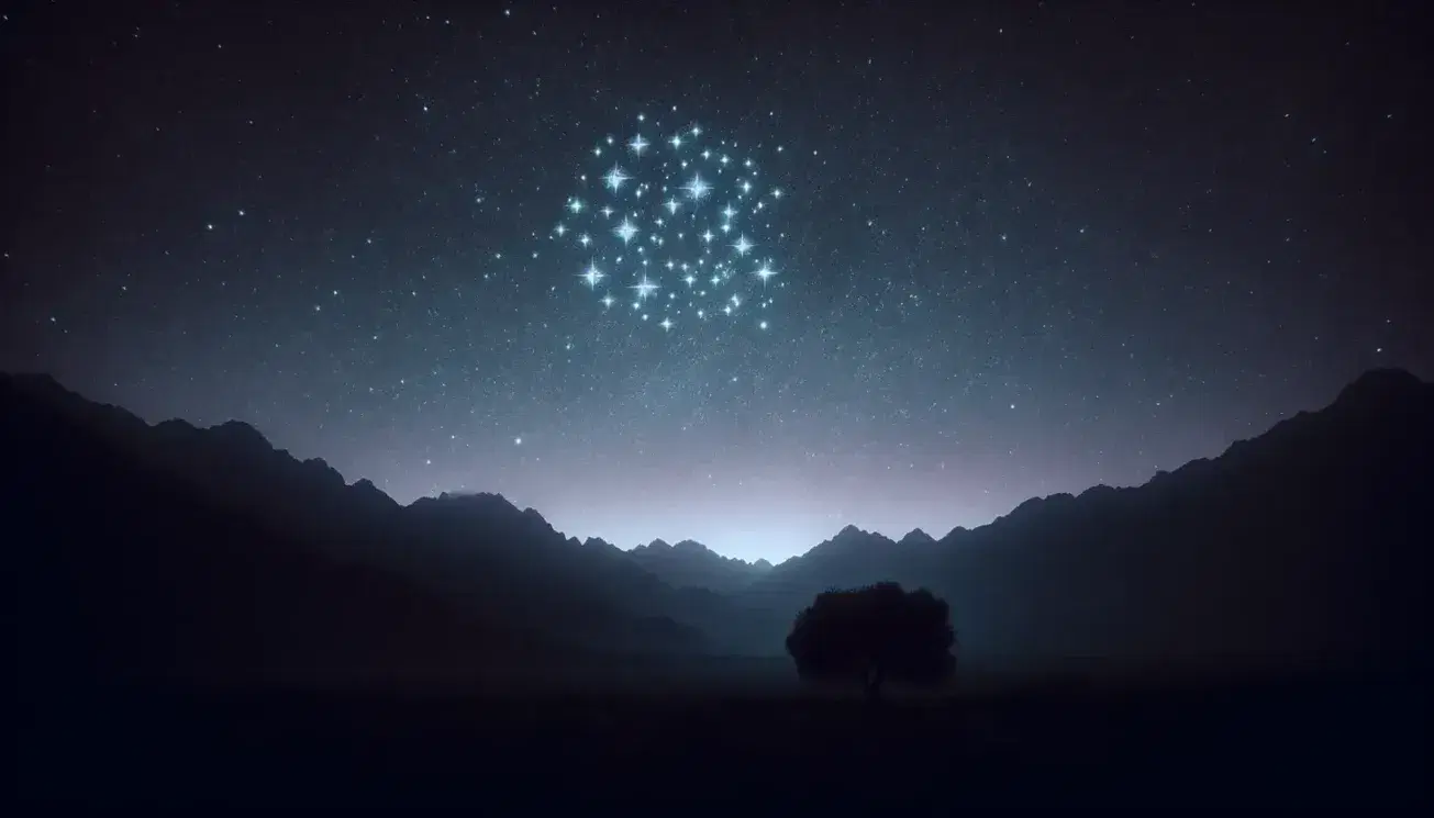 Starry night sky with the Pleiades cluster in the center, mountains in silhouette and olive tree in the foreground.