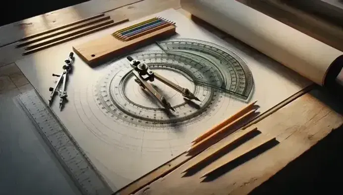Mesa de trabajo de madera clara con herramientas de cartografía, incluyendo un compás metálico, una regla de madera y lápices de colores, bajo luz natural.