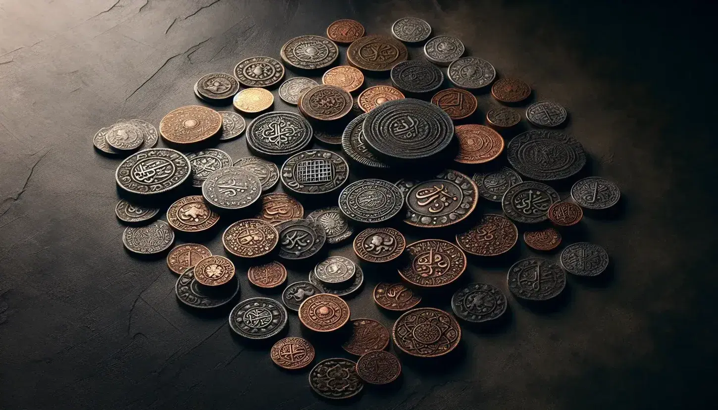 Assorted ancient Mughal coins with intricate designs on a dark surface, showcasing metallic hues and varied shapes, some with scalloped edges.