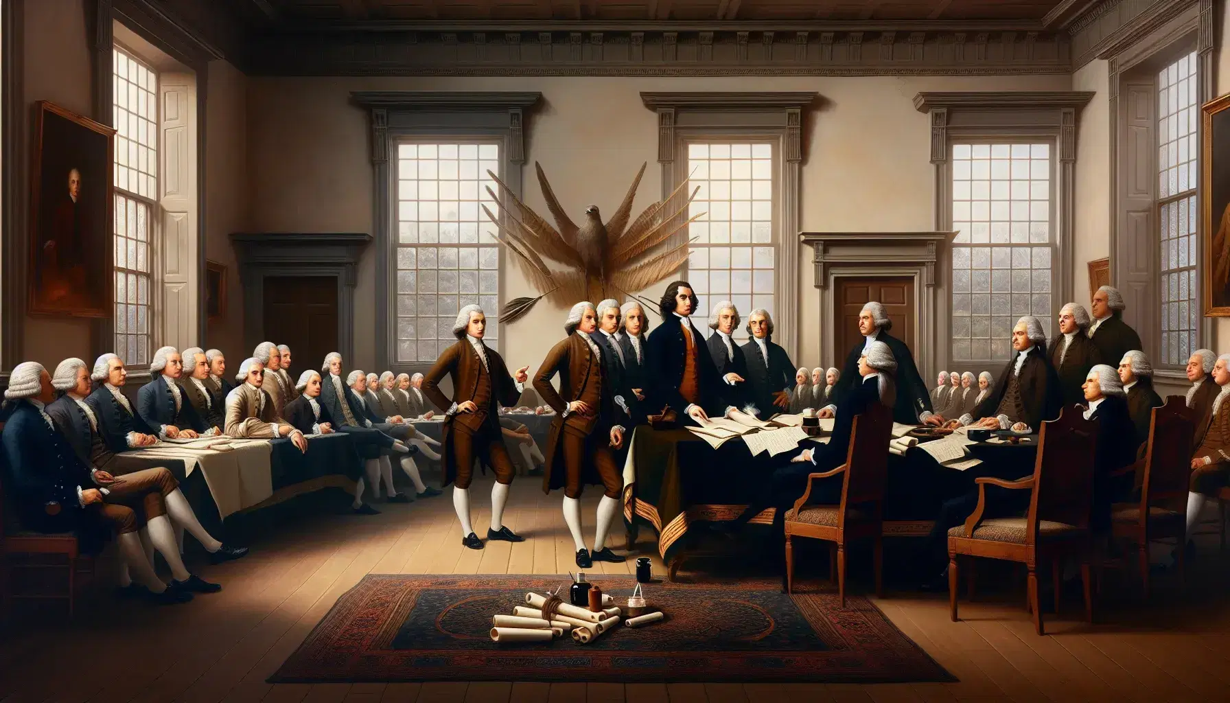 Grupo de hombres en vestimenta colonial debatiendo documentos en una sala iluminada con detalles de época, sin textos visibles.