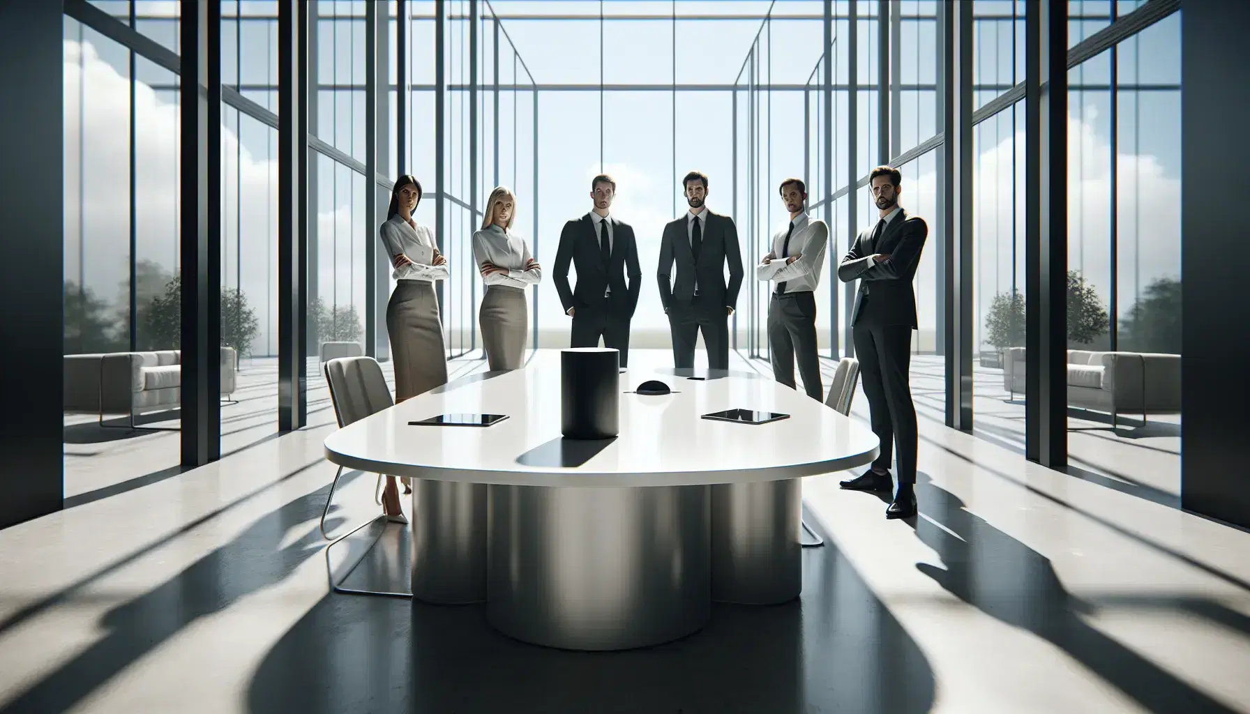 Grupo de cinco profesionales en oficina moderna y luminosa, de pie alrededor de una mesa de conferencia blanca, vestidos de forma elegante, con grandes ventanas y cielo despejado al fondo.